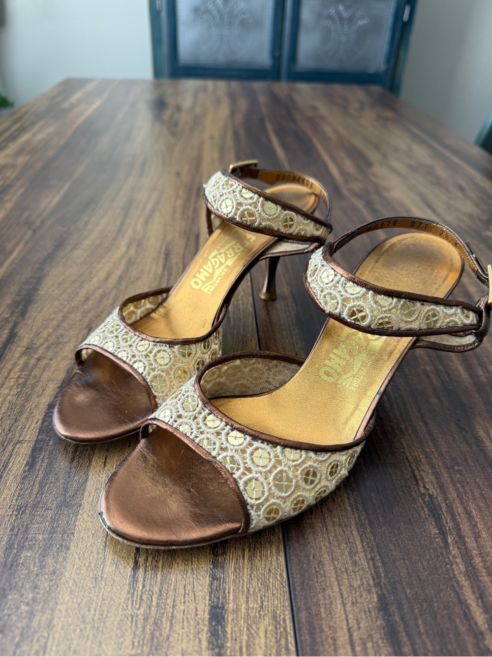 Vintage Salvatore Ferragamo Gold and Brown Open-Toe Embroidered Heels